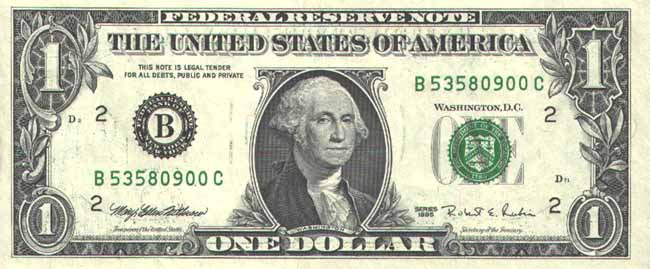 Купюра номиналом 1 доллар США, лицевая сторона
